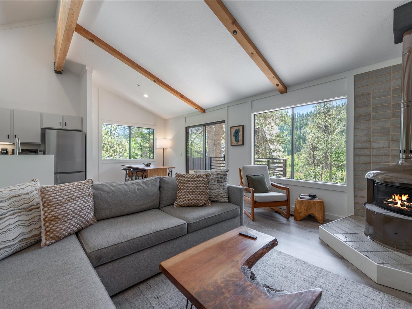 Living room with wood stove, vintage snowshoes, and meadow views